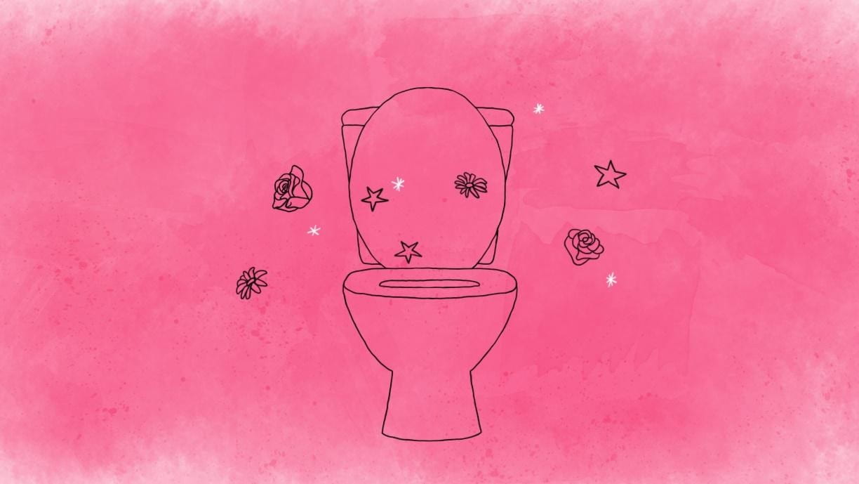 An image of a hand drawn toilet on a vibrant pink background.