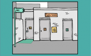 A cartoon of a public toilet block in grey and green.