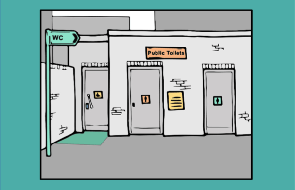 A cartoon of a public toilet block in grey and green.