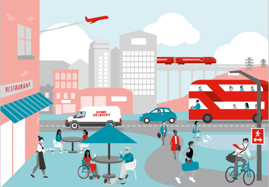 A cartoon of a city in blue and red showing people and transport including bueses and planes.
