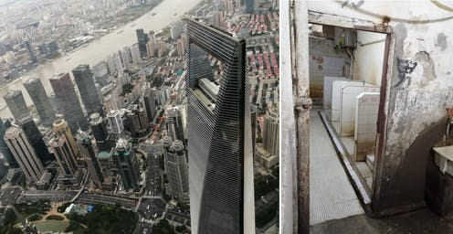 The view from the top of a tall building next to an image of a public bathroom.