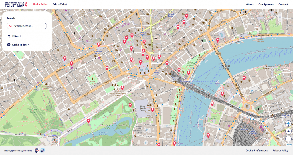 The homepage of the The Great British Public Toilet Map homepage showing a map of london with toilets marked in red.