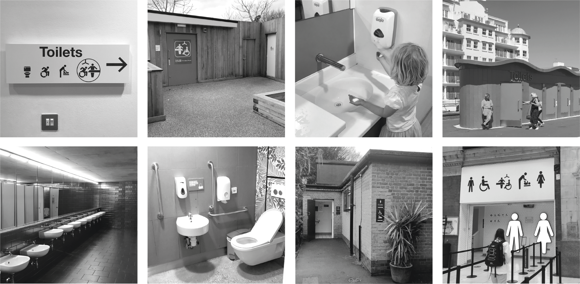 Eight black and white images of toilets showing: inclusive signage, Changing Places, children's sink, seaside toilets, row of sinks, accessible toilet, park toilet, station signage