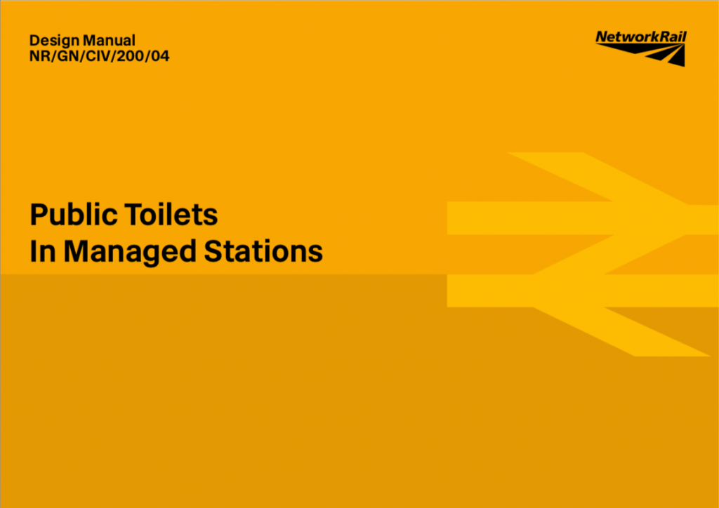 Cover of Design Guide titled Public Toilets in Managed Stations on Orange background with large Network Rail logo