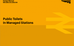 Cover of Design Guide titled Public Toilets in Managed Stations on Orange background with large Network Rail logo