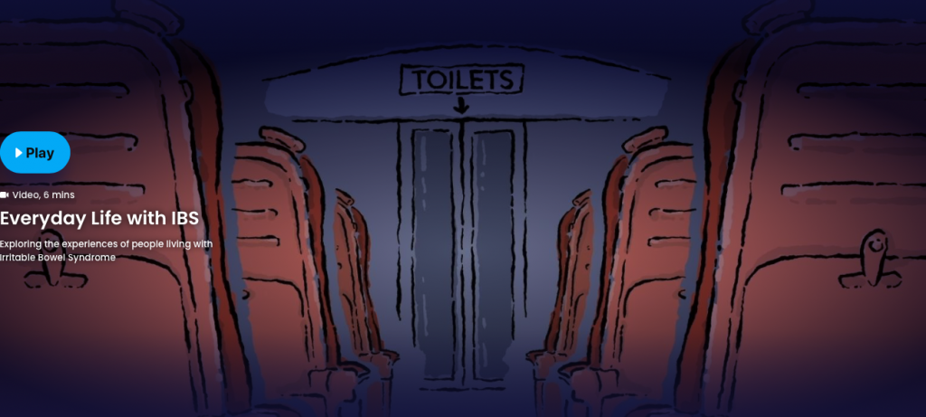 Screenshot of animation showing aisle of a train carriage with overhead sign that reads 'Toilets' above the door at the end.