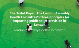 Cover of The Toilet Paper report by London Assembly. Cover is green showing people walking on a monotone map of London