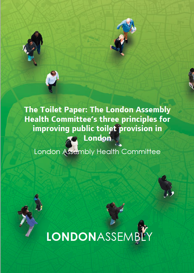 Cover of The Toilet Paper report by London Assembly. Cover is green showing people walking on a monotone map of London